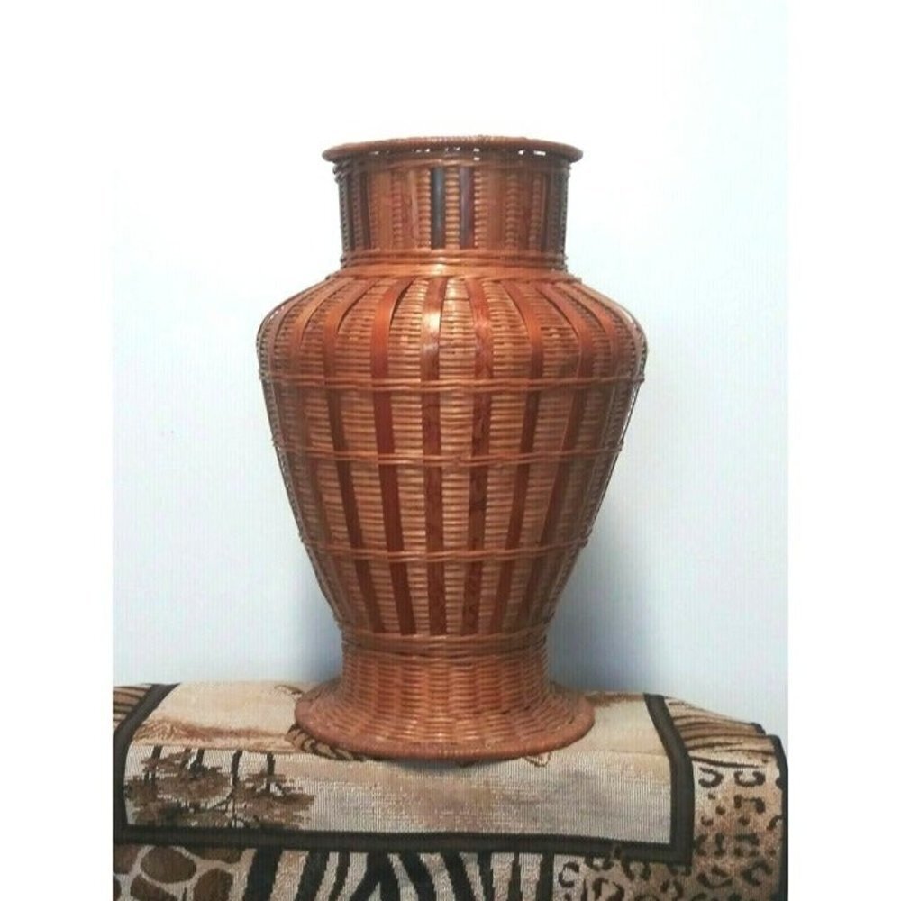 Vintage wicker Vase Bamboo rattan 13.5" Boho Chic rustic decor handicraft woven